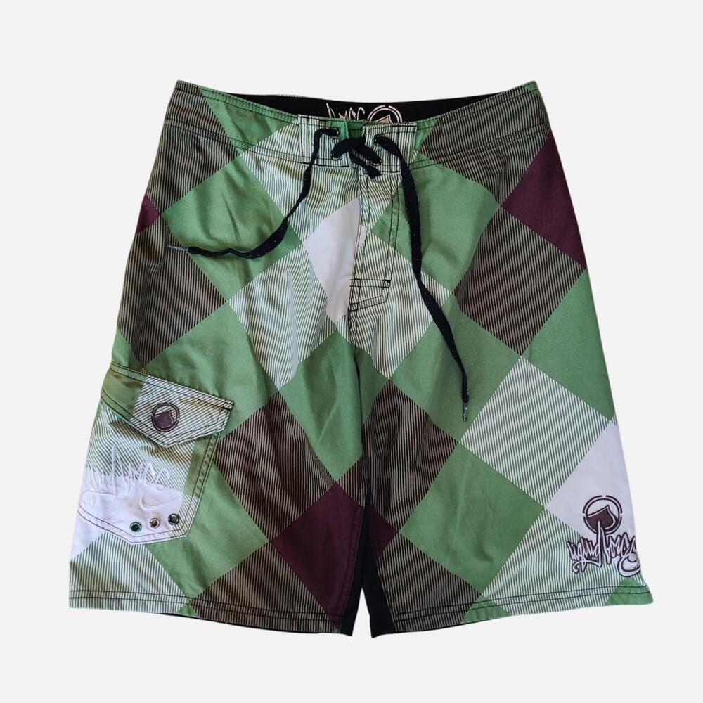 Y2K Liquid Force board shorts with green, white, and maroon argyle pattern